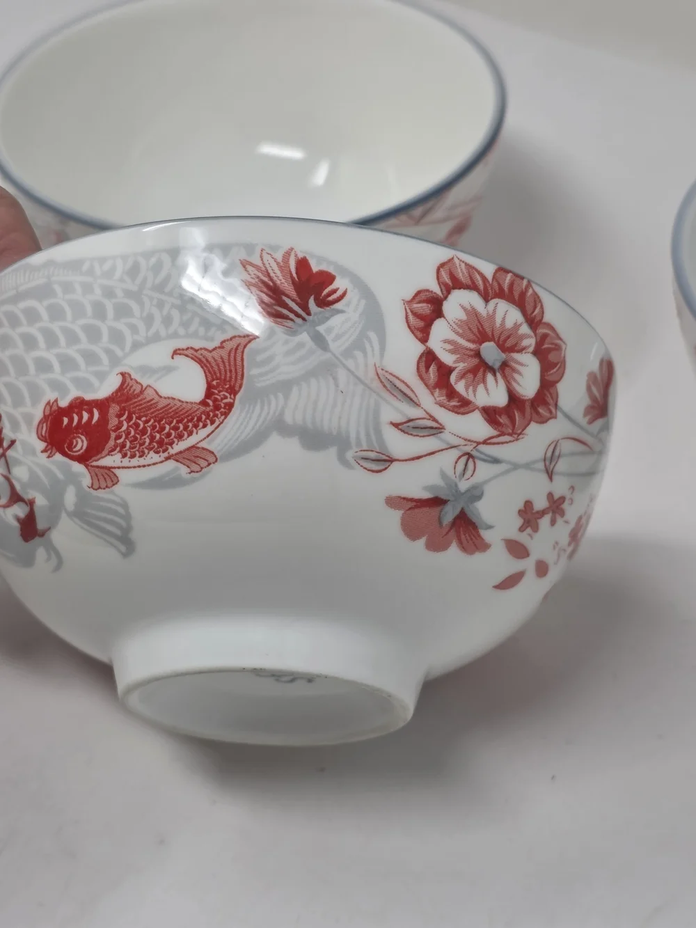 SF Marked glazed Porcelain Bowls with Red Floral&Fish Motif Japanese Set of 3